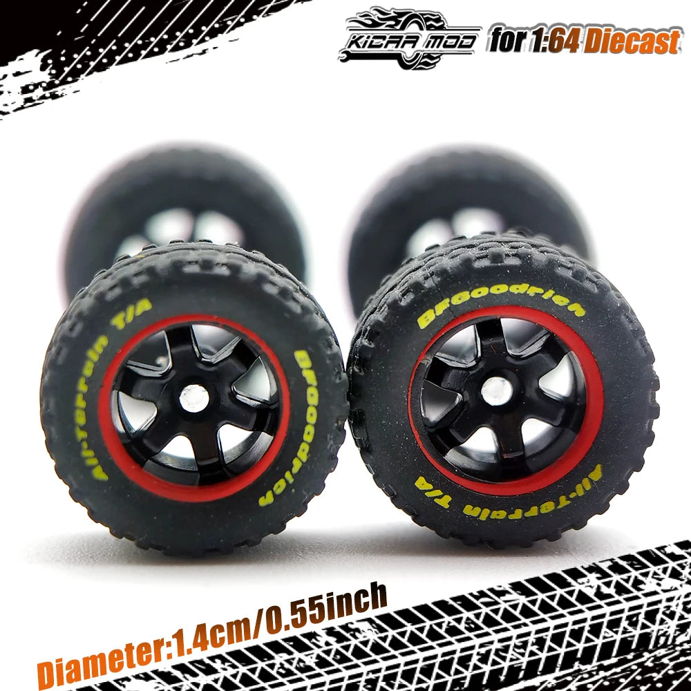 1/64 14mm Rubber Tires Tyre Band Letter & Diecast Car Wheels for 1:64 Off-Road Dedicated to Pickup Trucks, Large Sedan (1 Set)