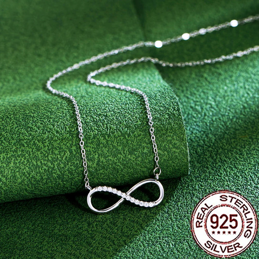 QooLady 925 Sterling Silver Exquisite CZ Crystal Infinity Symbol Pendant Necklace for Women Fine Anniversary Jewelry Gifts SD005
