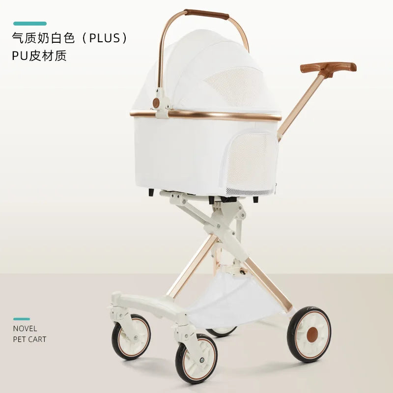 Lightweight White High View Pet Stroller One-click Foldable Cart for Small Medium Dogs Cats Outdoor Travel Pet Supplies Hot Sale
