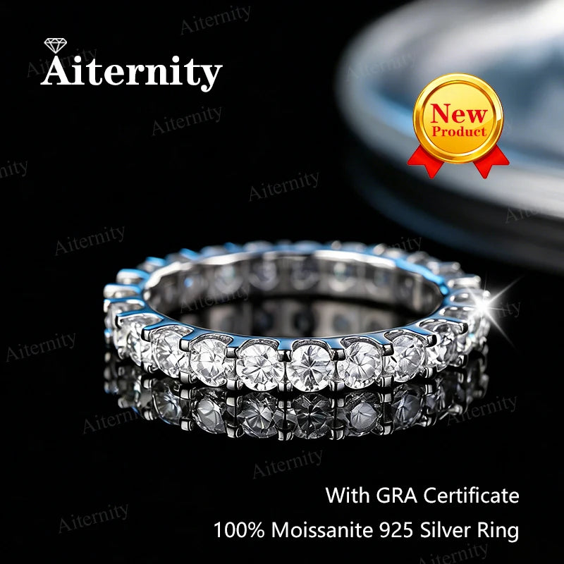 Moissanite Ring 925 Sterling Silver with White Gold Plated Lab Diamond Eternity Band Engagement Wedding Rings for Women