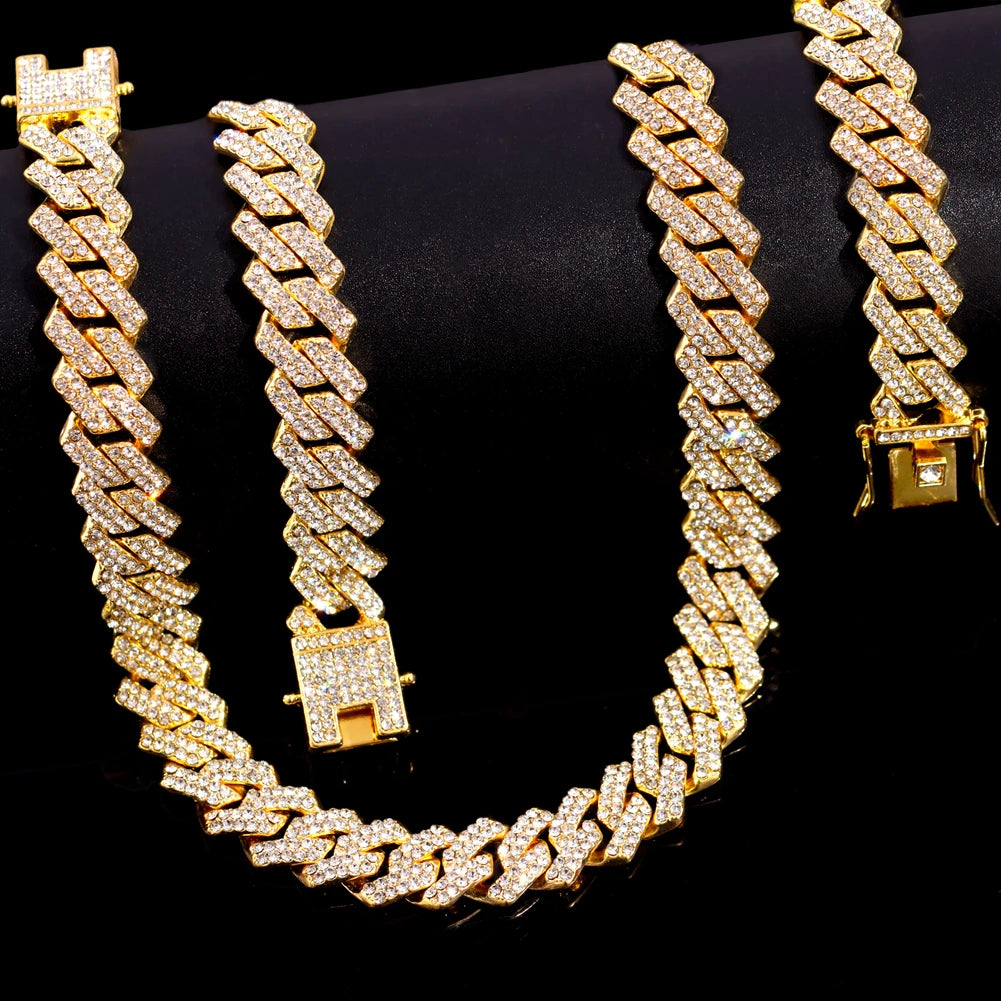 13/14/20MM HipHop Iced Out Chain Cuban Link Chain Necklace For Men Gold Silver Color Rhinestone Pave Men's Birthday Jewelry Gift