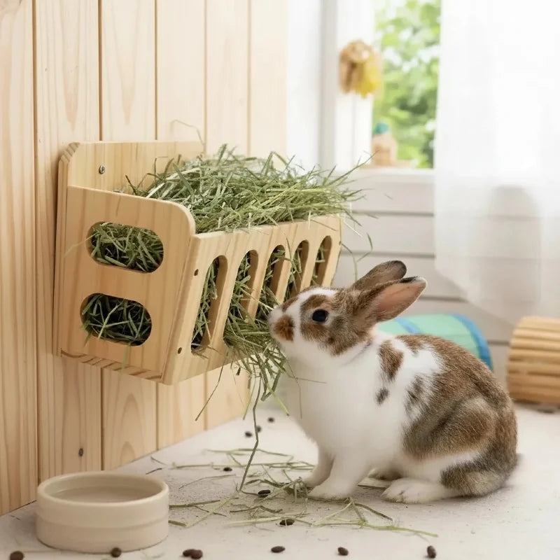 Natural Wooden Hay Feeder Rack - Hanging Guinea Pig Rabbit Feeding Grass Holder for Chinchilla Hamster Small Pet Cage Accessorie