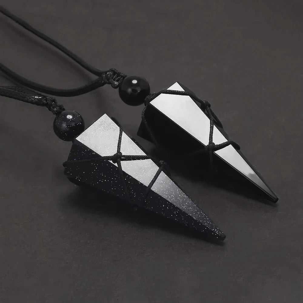 Natural Stone Geometric Pendant Necklace for Men Black Obsidian Blue Sandstone Adjusted Leather Rope Retro Vintage Jewelry
