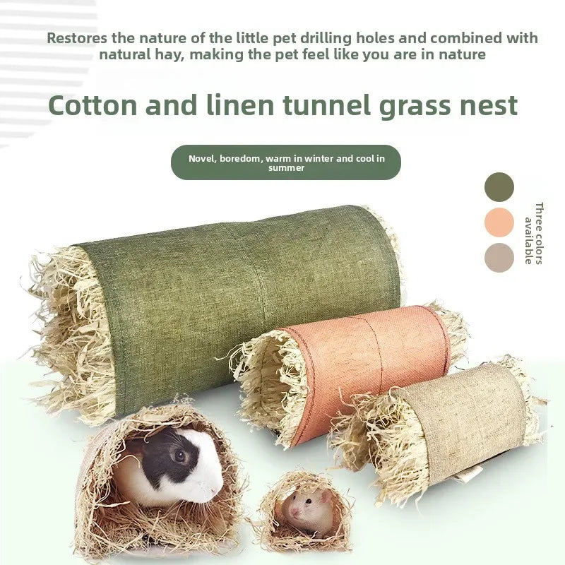 Pet Rabbit Arched Tunnel Toy Guinea Pig Chinchilla Hiding Grass Nest Simulated Pet Thatched House Summer Pavilion Leisure Toys