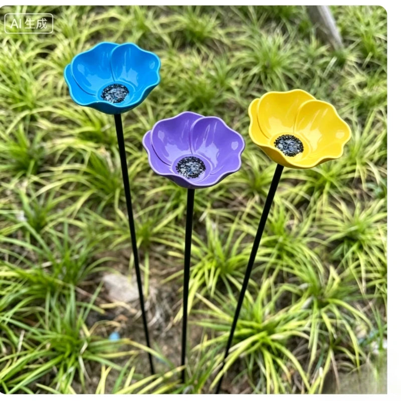Garden Metal Flower Bird Bath Stake with Copper Bird Water Cleaner Disk Outdoor Yard Bird Water Bowl Bird Feeder Garden Ornament