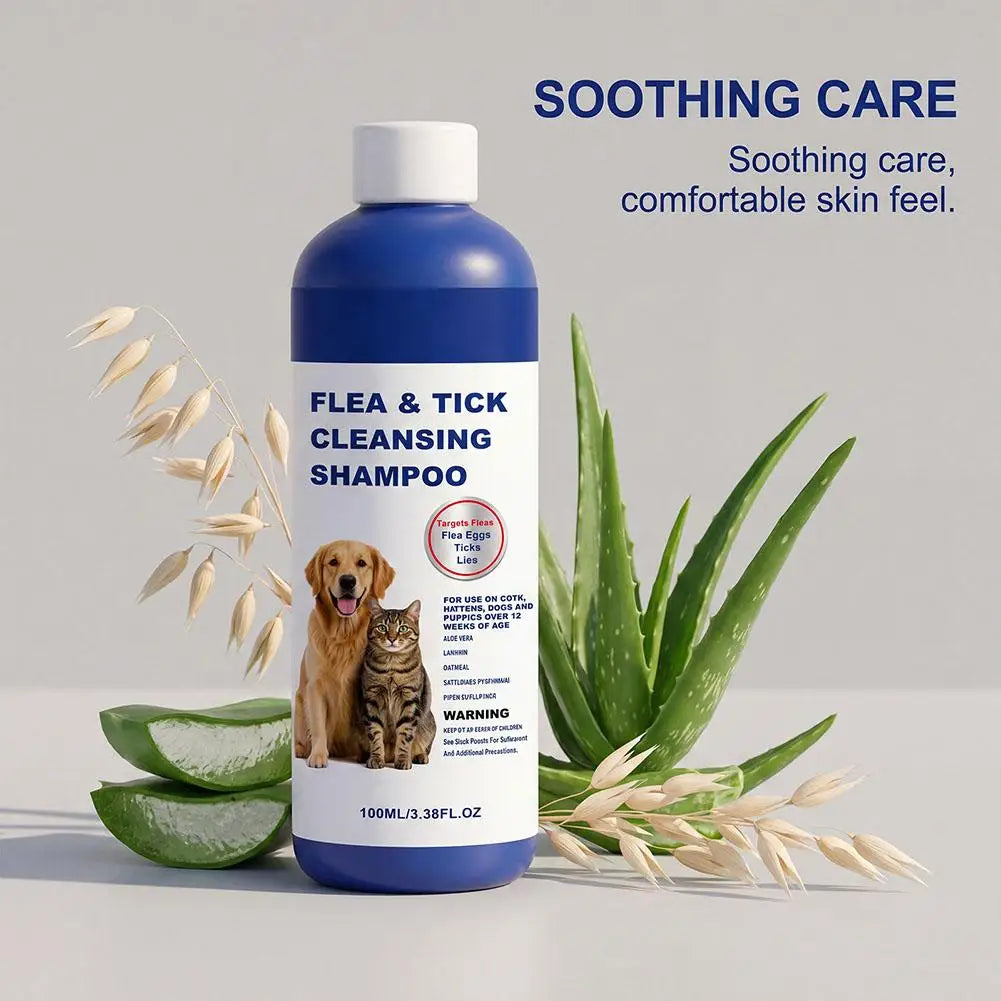 100ml Pet Flea & Tick Cleansing Shampoo Gentle Soothing Deodorizing Bath Wash For Dogs Cats Deep Cleaning Remove Lice Mite