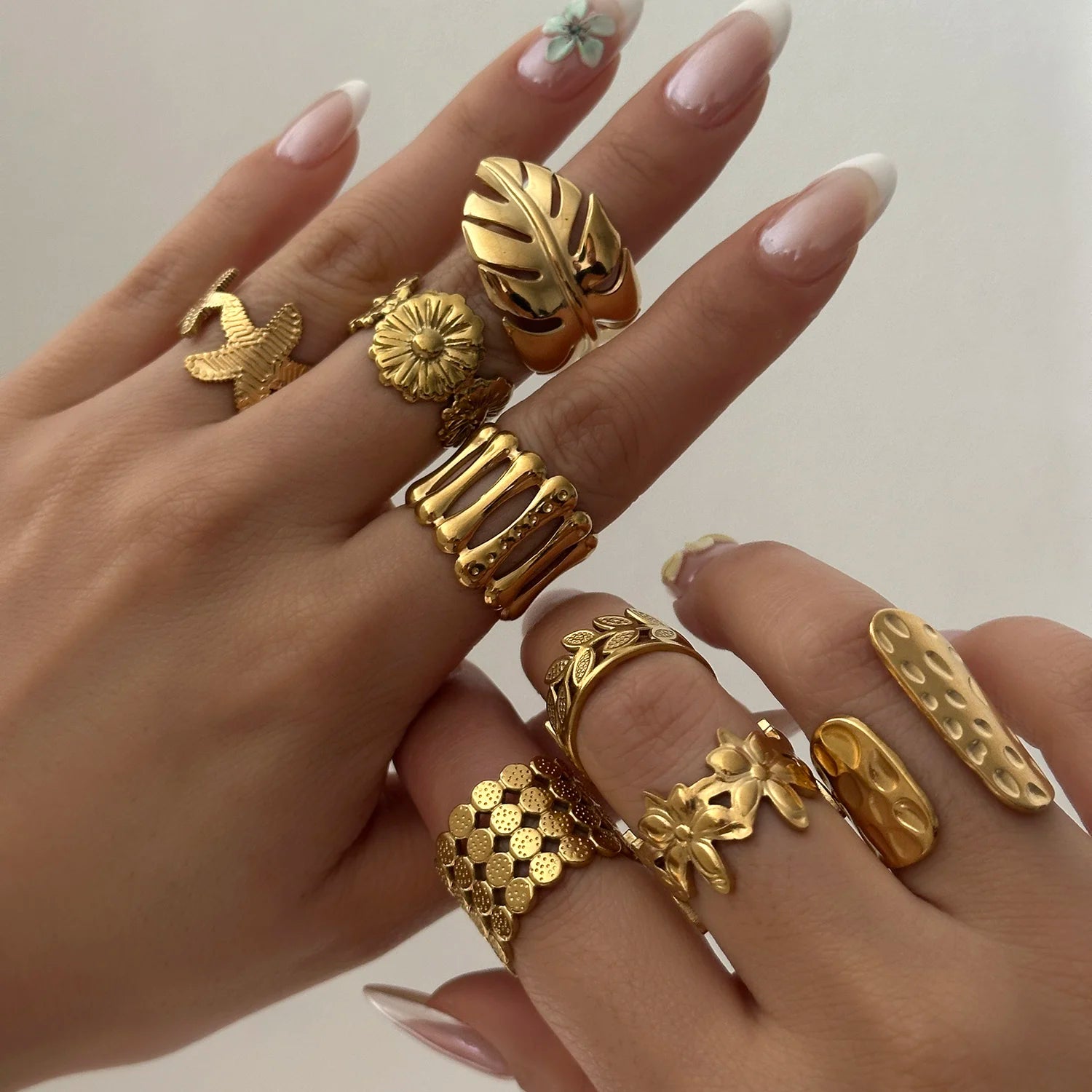 Gmai PVD Plated Stainless Steel Open Rings Set for Women Vintage Sun Leaf Shell Geometric Cuff Ring Hypoallergenic Jewelry Gift