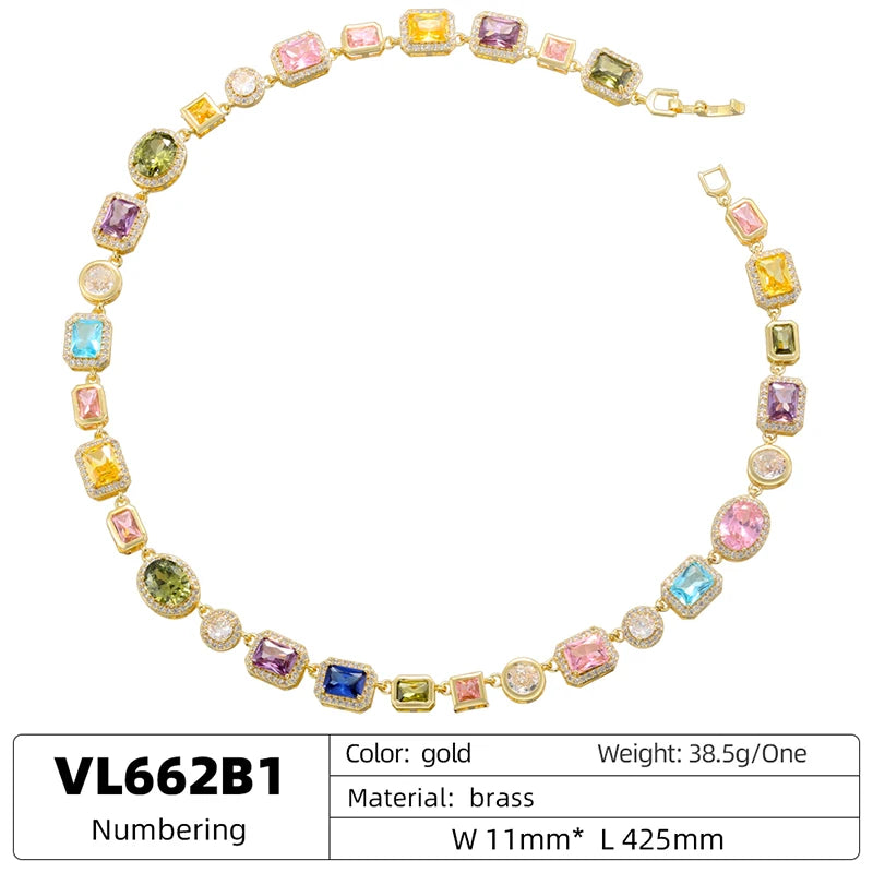 Colorful Mosaic Geometric Zircon Bracelet/Necklace Set Hip-Hop Retro Unisex Couple's 18K Gold-Plated Brass Jewelry:VL661 VL662
