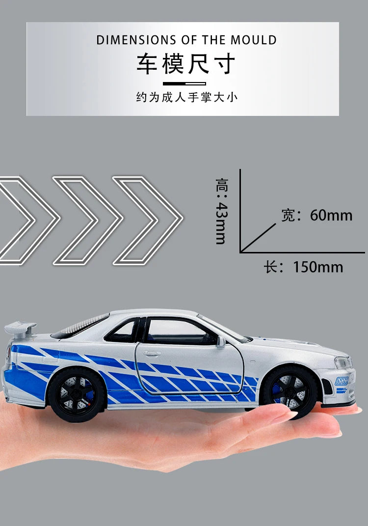 1:32 Scale GTR R34 R35 Diecast Model Alloy Toy Sport Cars Sound Light Pull Back high simulation Kid Birthday Gift Collect