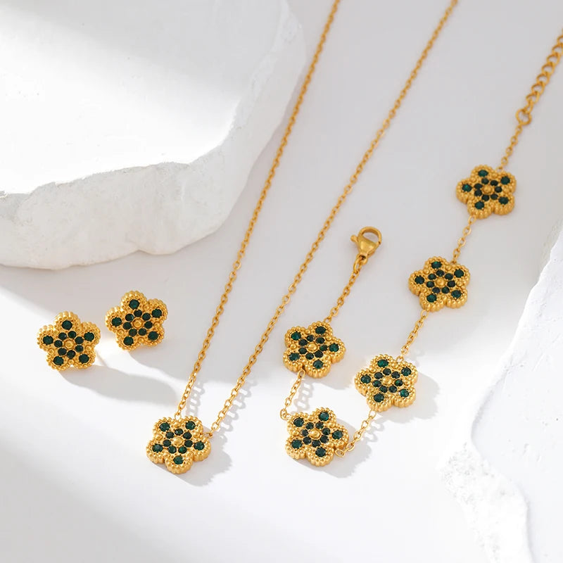 EILIECK New Fashion Stainless Steel White Zircon Clover Necklace Bracelet Earrings Set For Women Trendy Flower Jewelry Set Gift