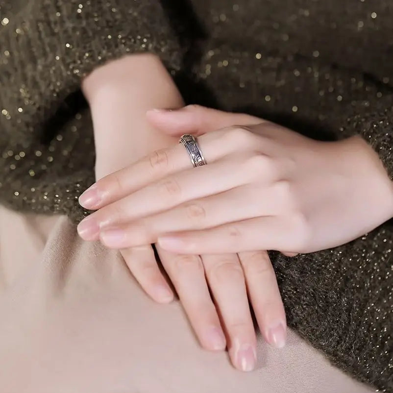 Factory Price S925 Silver Sanskrit Mantra Rotating Men's Ring Literary Simplicity Retro Personality Ring Jewelry Creativity Gift