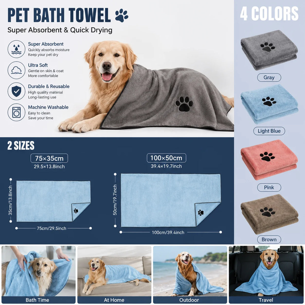 35*75cm/50*100cm Microfiber Pet Bath Towel Embroidered Super Soft Absorbent Cat for Dogs Grooming Supplies