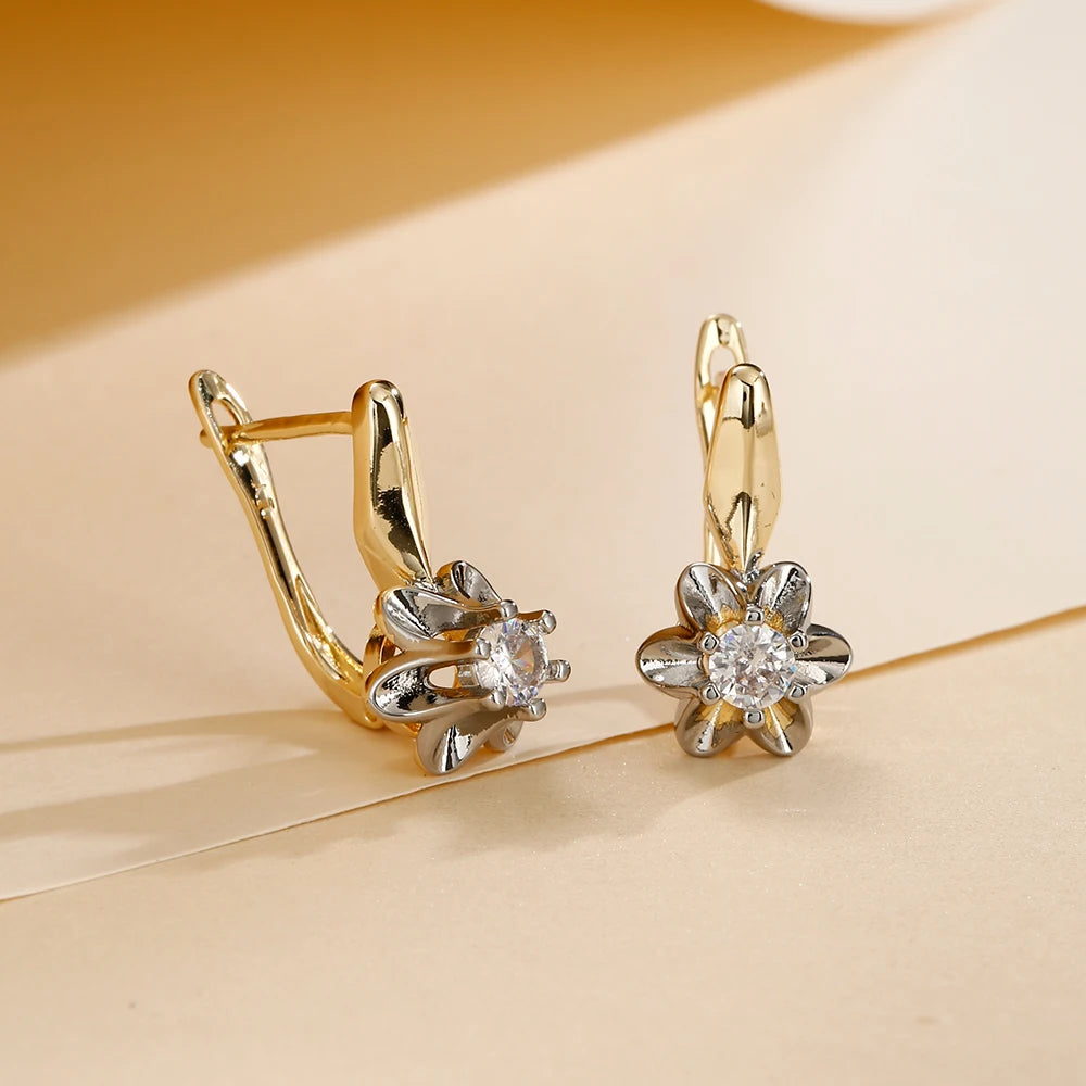 French Petal Inlaid Zircon Earrings and Ring Set, High-End Copper-Plated Two-Tone Gold Fashion Jewelry, Versatile for Commuting