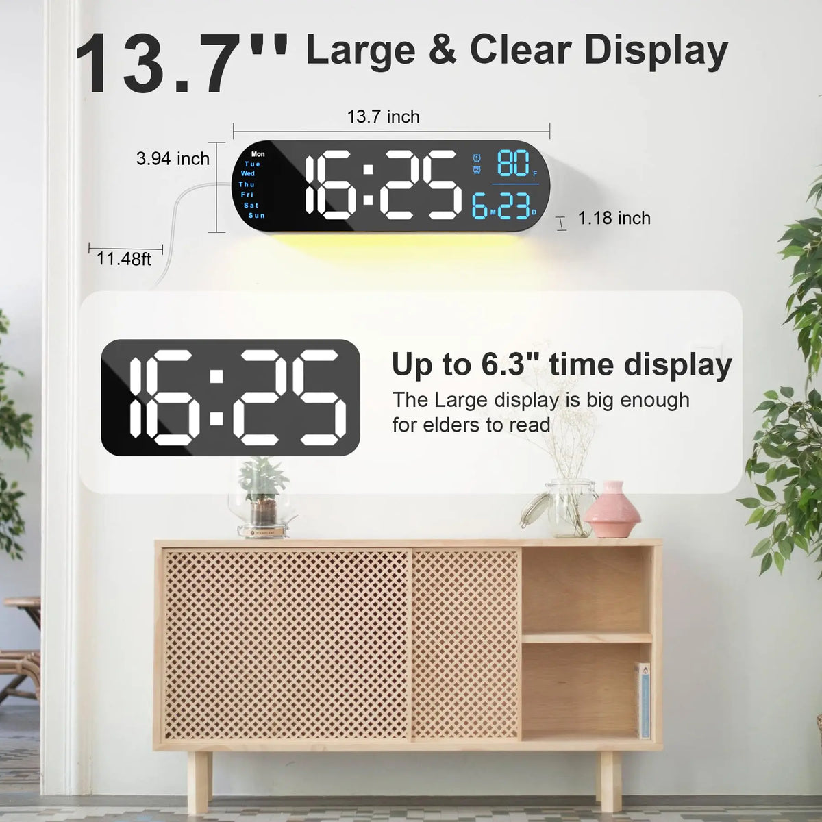 Extra Large Digital Wall Clock with LED Display with Date, Temperature, Timer for Living Room, Bedroom, Gift for Seniors