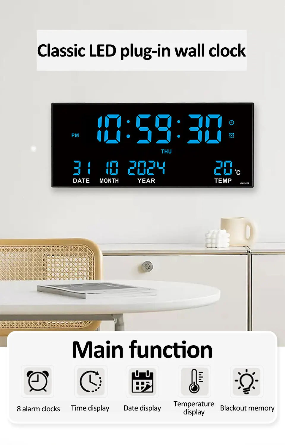 Digital Large Wall Clock Alarm Temperature Date Calendar Display 8 Sets of Alarm Clocks 14'' Electronic LED Clock Plug in Use