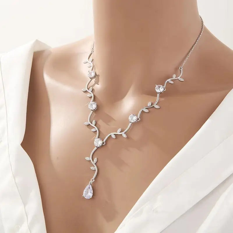 ZAKOL Classic White Rose Gold Color Cubic Zirconia  Bridal Jewelry Sets Leaf Shape Choker Earrings Wedding Dress for Women