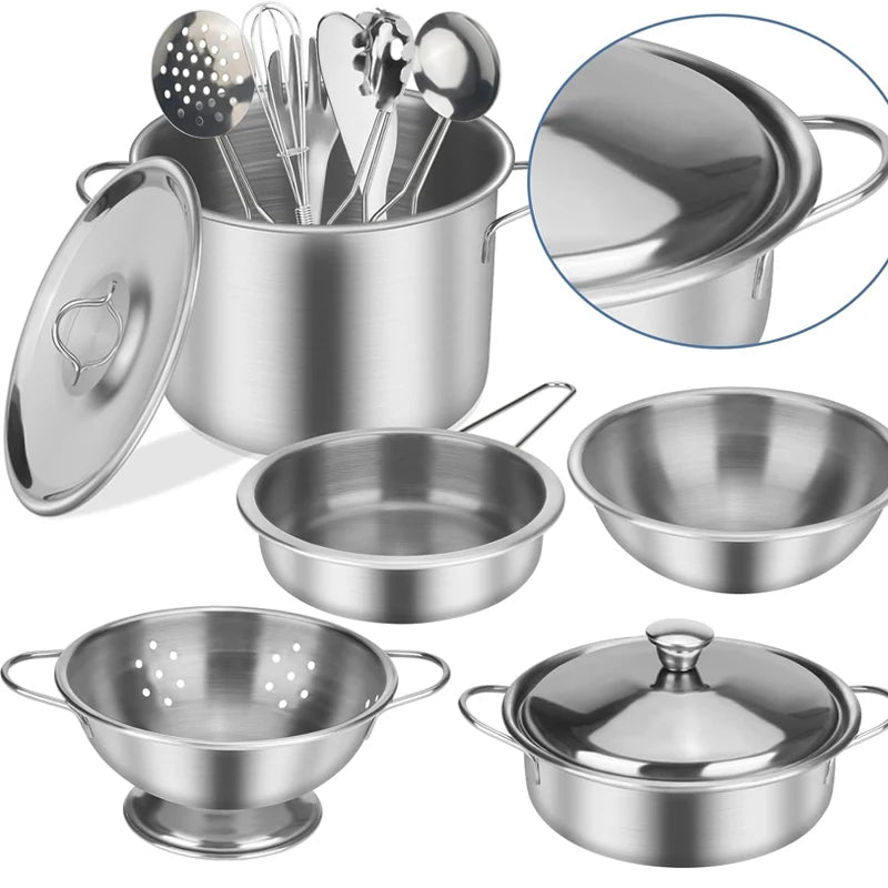 Children Metal Stainless Steel Material Pretend Play Food Kitchen Cookware Set Toy Mini Cooking Game Pot Shovel Kid Kitchen Toys