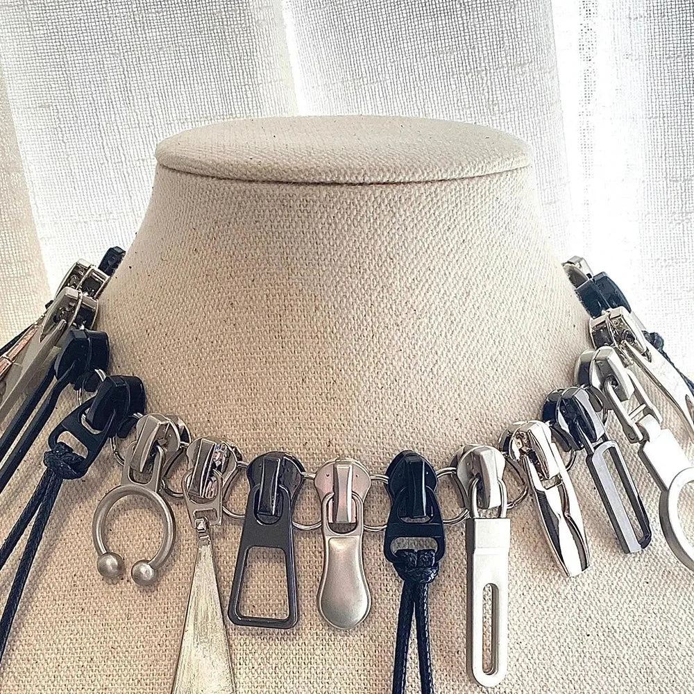 Cyber Punk Zipper Necklace Fringe Chain Head Y2k Hip Hop Choker Men's Women's Fashion Personality Jewelry Accessories