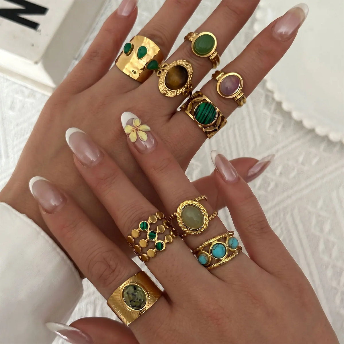 Stainless Steel French Vintage Ethnic Color Gemstone Ring for Women Punk Personality Stackable Open Finger Ring Hand Jewelry