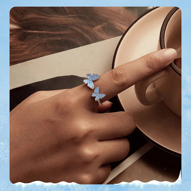 Bamoer 925 Sterling Silver Original Blue Butterfly Ring Lilac Flower Earrings for Women Jewelry Set Anniversary Engagement Gift