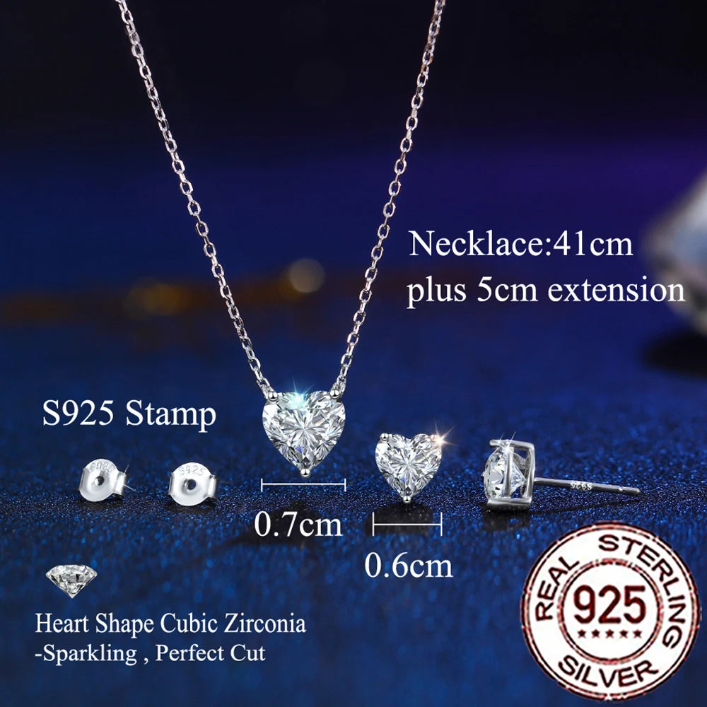 QooLady 925 Sterling Silver Shiny CZ Heart Shape Pendant Necklace Earrings for Women Fine Wedding Party Jewelry Sets Gift ST022