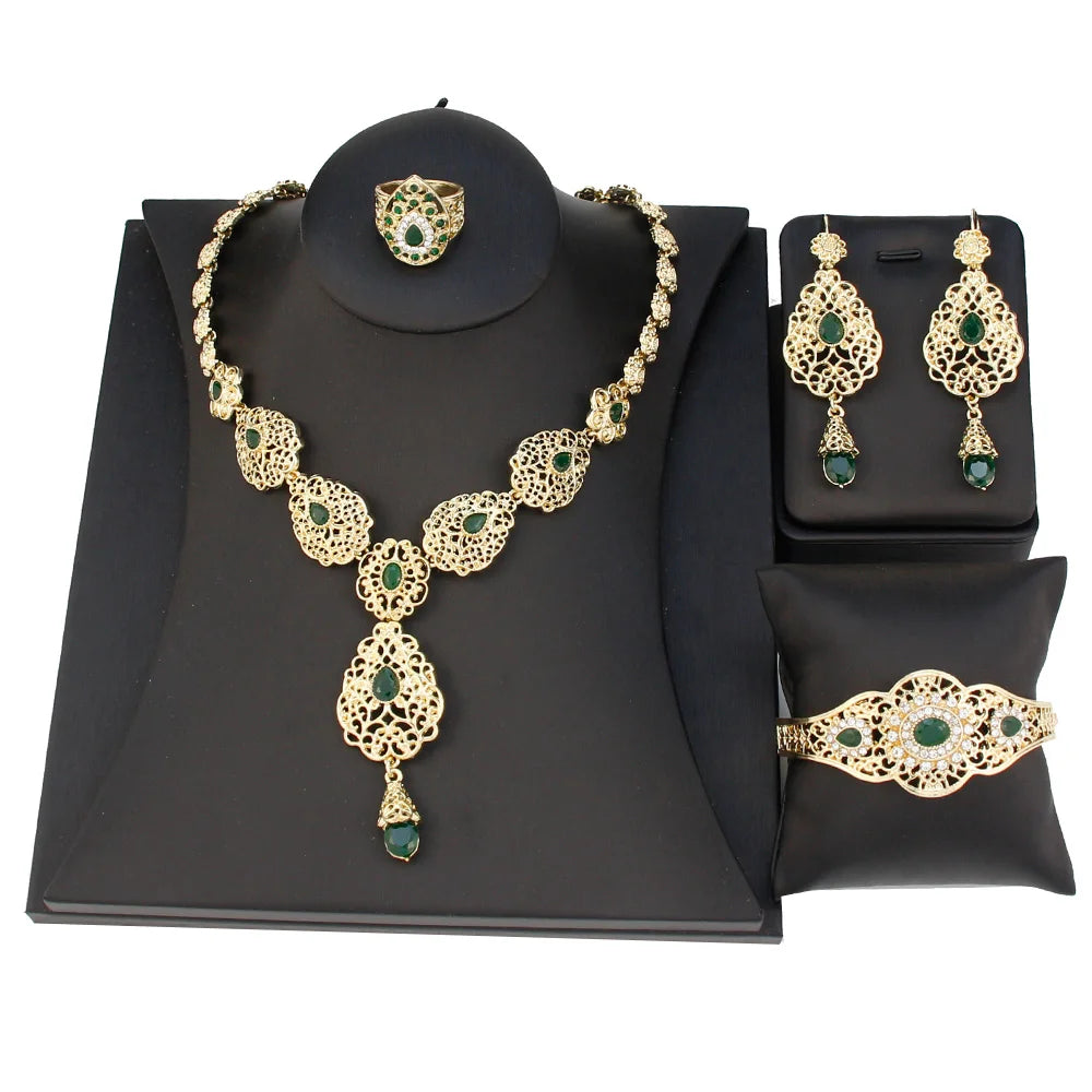 Arabic Jewelry Sets Morocco Choker Necklace Dangler Earring Bracelet Ring Gold Color Ethnic Women Charm Bijoux
