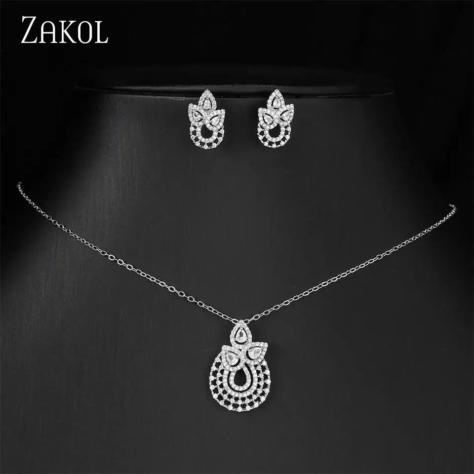 ZAKOL Luxury Retro Micro-set Zircon Women's Necklace Earrings Two-piece Set Temperament Elegant Charm Wedding Party Jewelry Sets