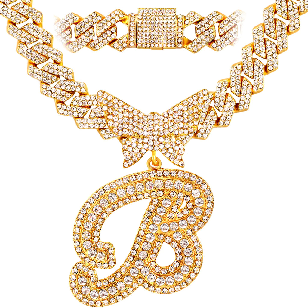 Men Women 14MM Cuban Chain Crystal Butterfly Initials Name Pendant Necklace Iced Out Cursive Letters Rapper Necklace Jewelry New