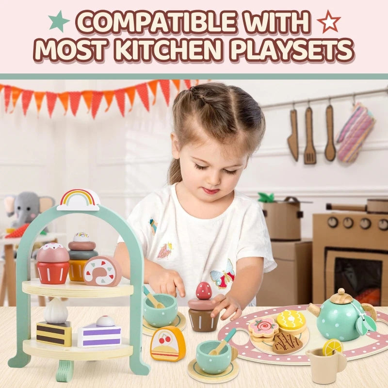Girls Toys Wooden Afternoon Tea Set Children's Toy Kitchen  Pretend Play Set Toaster Coffee Maker Ice Cream Kids Educational Toy