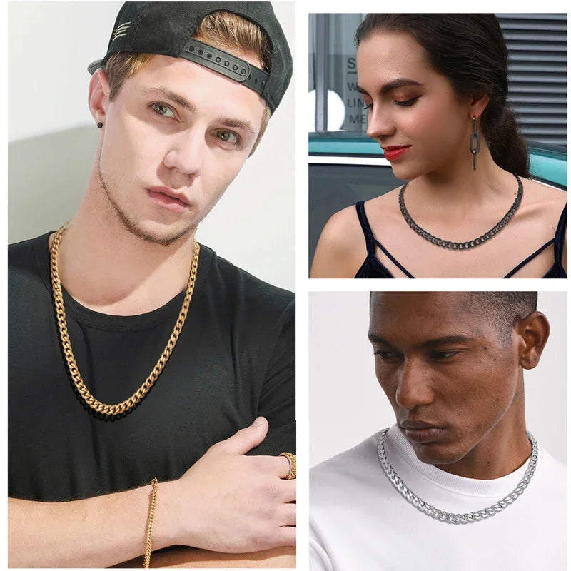 3/5/7/9/11mm Width Stainless Steel Men Women Six-side Chain Necklace Gold Silver Plated Unisex  Jewelry Wholesale Drop Shipping