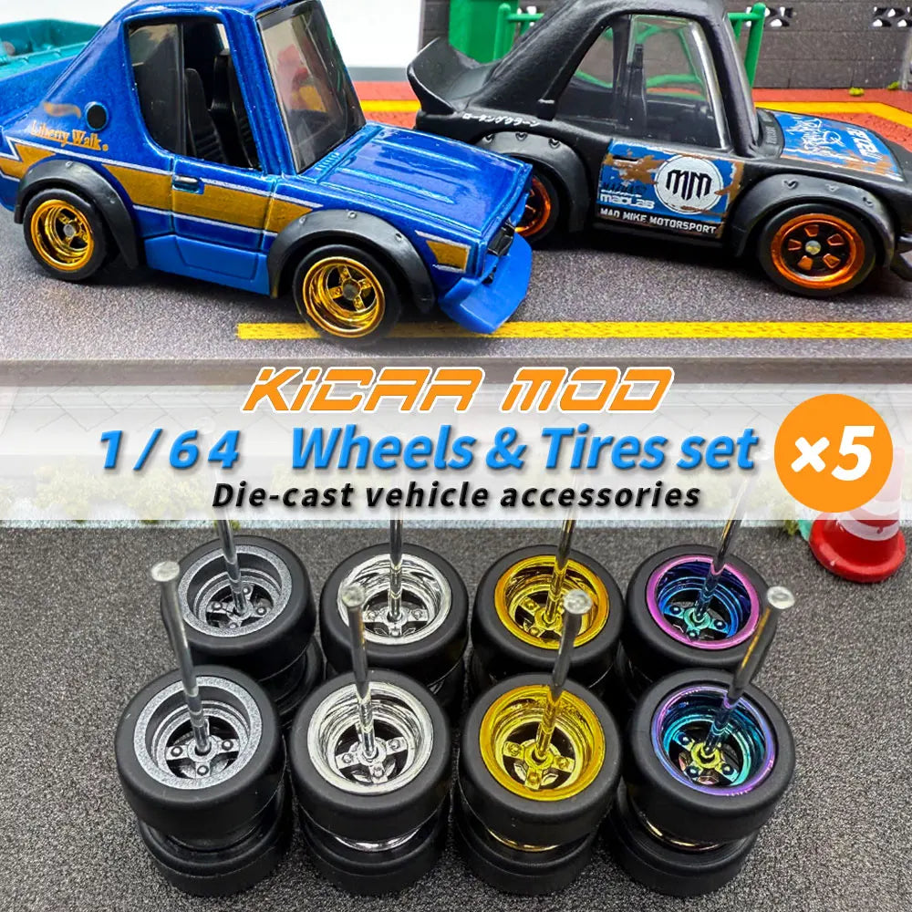 1/64 Model Q Car Wheels with Detachable Slicks Rubber Tires for Toy Model Diecast Cars Refiting Parts for MINIGT  (5 Cars)
