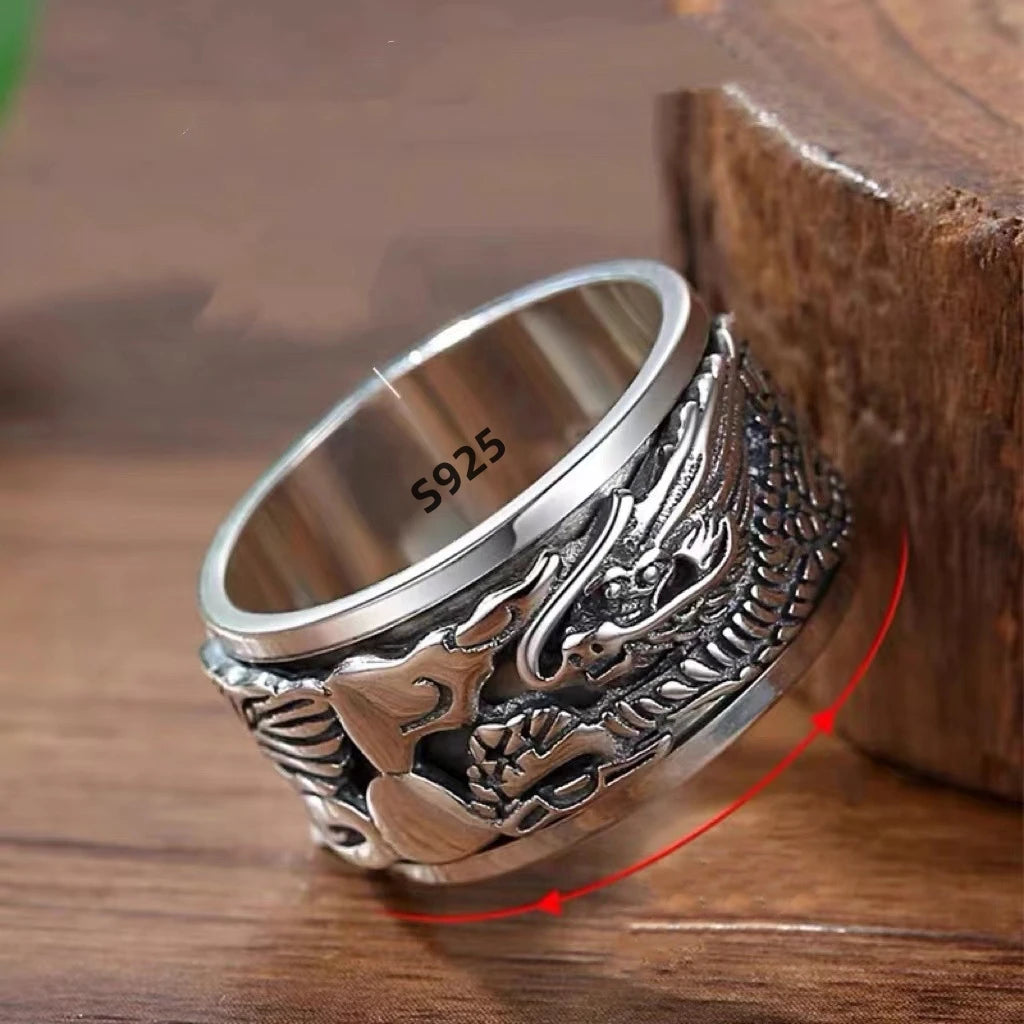 12mm Width Real S925 Sterling Silver Lucky Dragon Double Layer Rotatable Closed Dragon Ring For Man Woman Fiine Jewelry Gift
