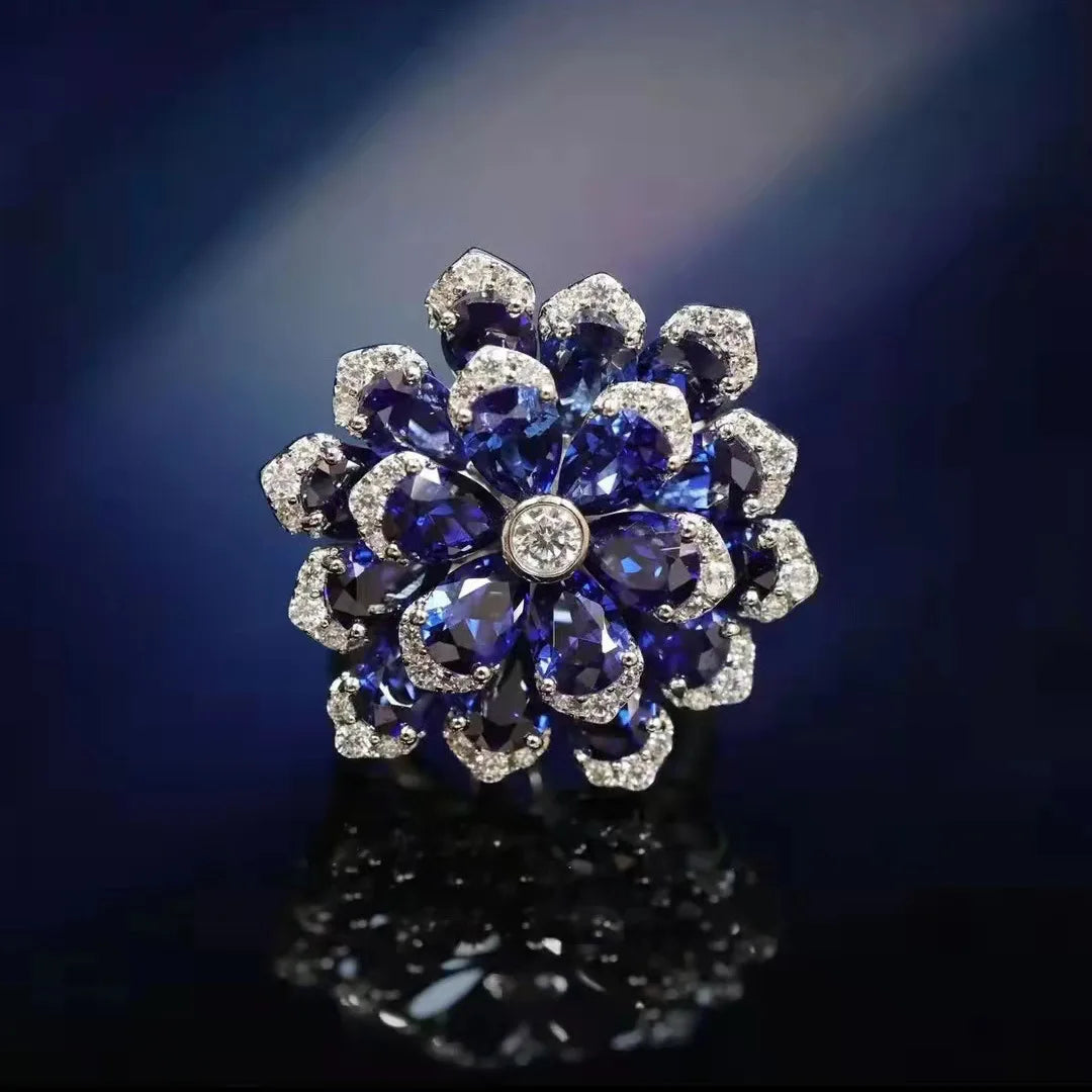 Foydjew New Flower-shaped Jewelry Sets Necklaces Luxury Royal Blue Pendant Earrings Simulated Emerald Color Treasure Rings