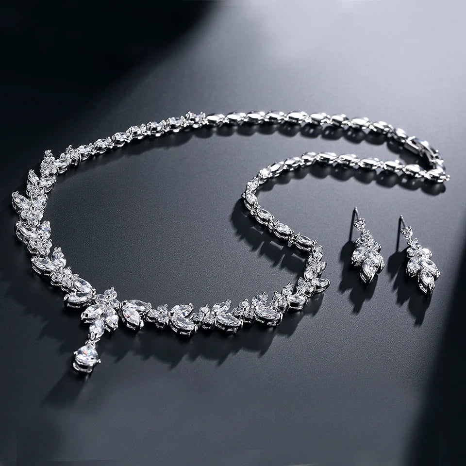 ZAKOL Luxury Brilliant Zirconia Leaf Necklace Earrings Rings Bracelets Set for Women CZ Drop Bridal Wedding Jewelry Sets New