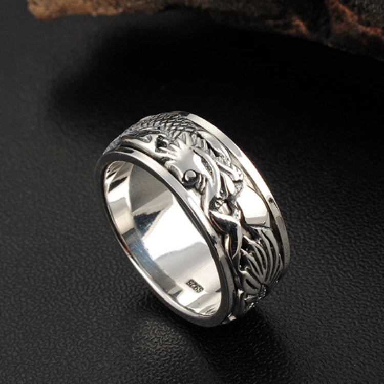 12mm Width Real S925 Sterling Silver Lucky Dragon Double Layer Rotatable Closed Dragon Ring For Man Woman Fiine Jewelry Gift