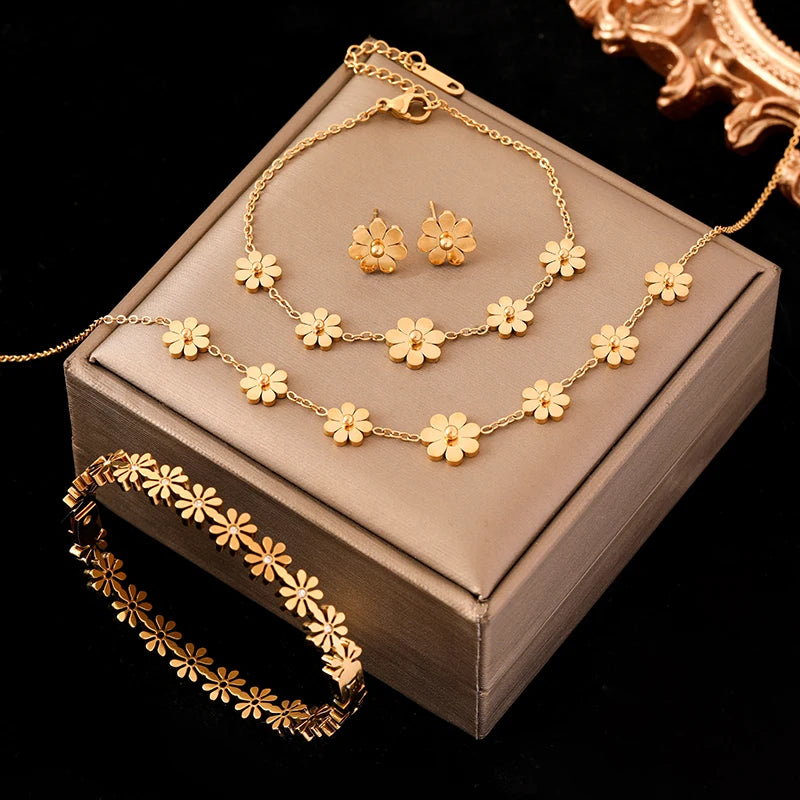 GANEMLY 316L Stainless Steel Daisy Flowers Necklace Earrings Bracelets For Women Fashion Waterproof Jewelry 4-Set Lady Gift