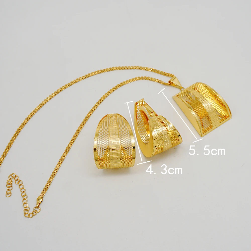 Fashion Dubai Jewelry Sets Gold Color Pendant Copper Classic Earrings Necklace For Women Daily Wear Party Anniversary Gifts