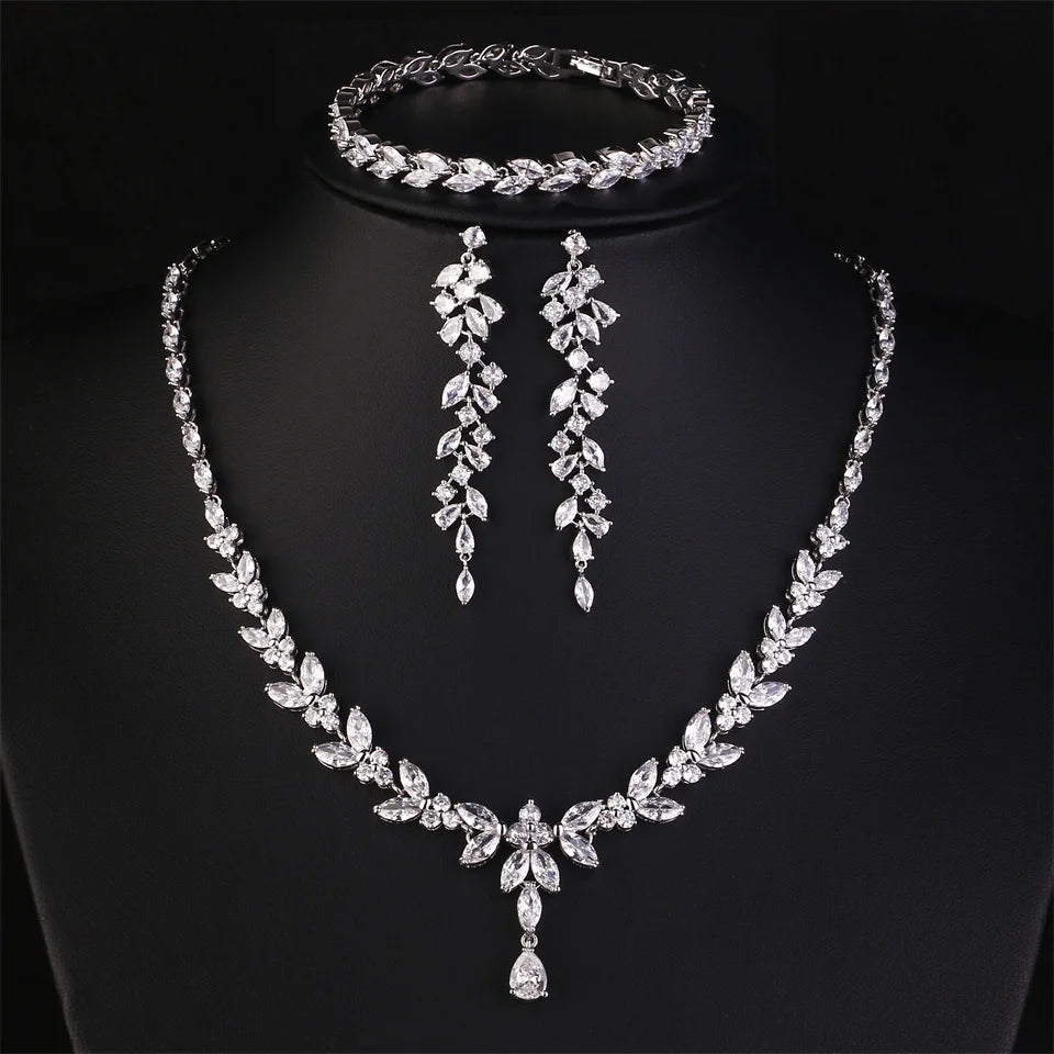 ZAKOL Luxury Cubic Zirconia Necklace Earrings Rings Set for Women Shinny Water Drop Leaf CZ Bridal Wedding Jewelry Sets