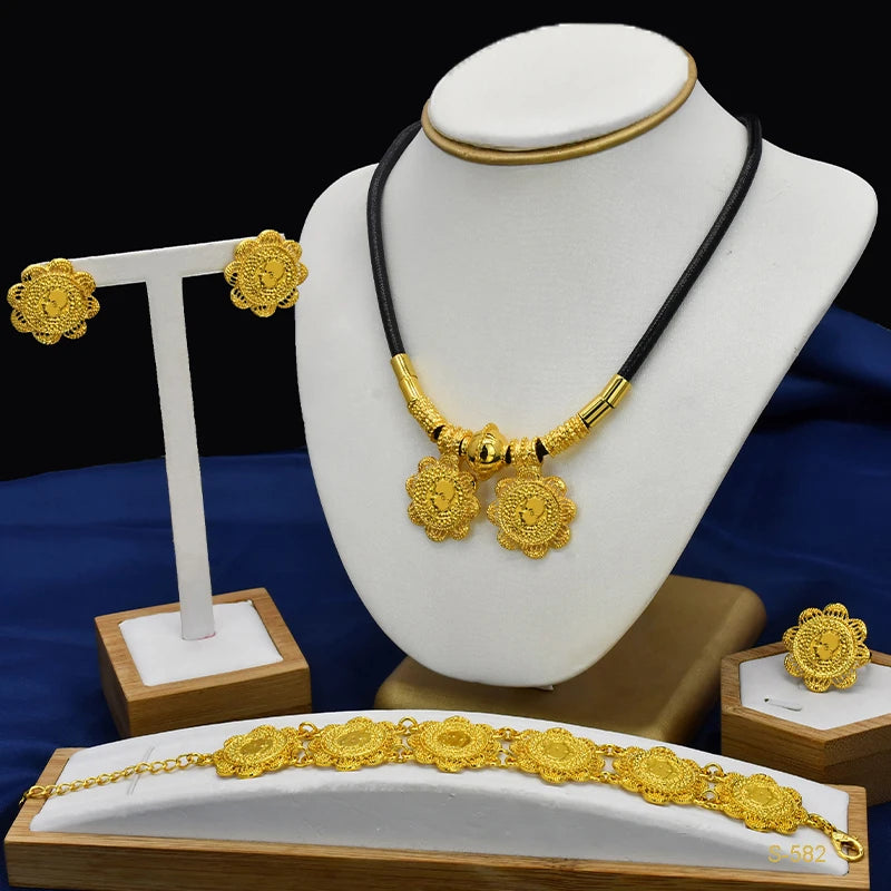 ANIID Ethiopian Gold Color 6pcs Jewelry Sets For Women Dubai Flower Shape Nigerian Luxury Necklace Jewellery Set Wedding Gifts