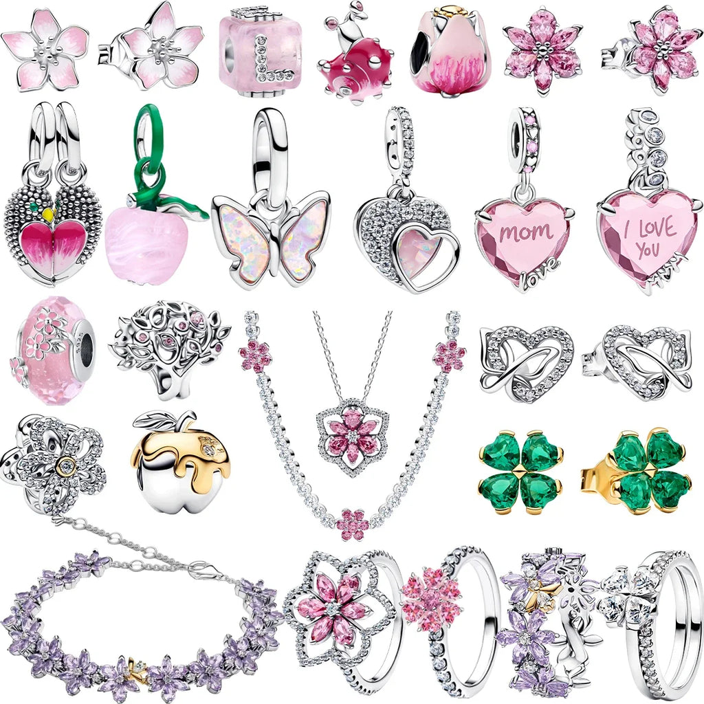 Hot Sales 925 Sterling Silver Pink Flower heart Ear Stud Ring Pendant Bead fit DIY Women's Bracelets Necklaces Jewelry Gifts