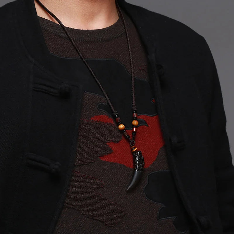 Natural Stone Black And Ice Obsidian Pendant Necklace Wolf Tooth Amulets And Talismans Couple Necklace For Women And Men