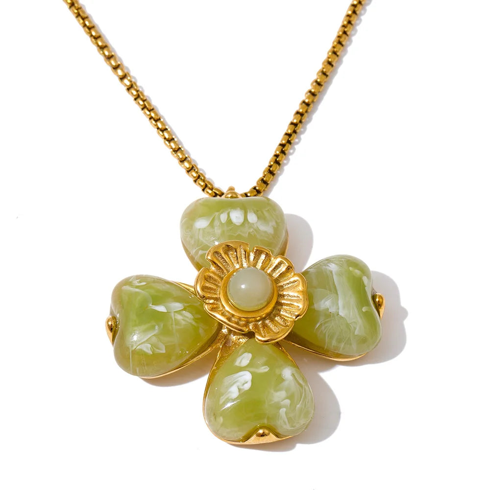 Yhpup Hot Style Acrylic Flower Pendant Necklace Earrings Ring Set for Women Stainless Steel Exquisite Jewelry Wholesale