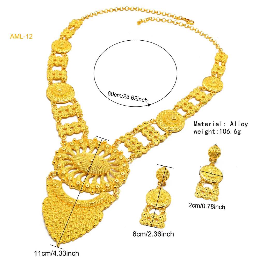Dubai Indian Necklace Earrings Big Pendant Jewelry Set Gold Color For Women Nigeria African Bridal Wedding Party Jewellery Gifts