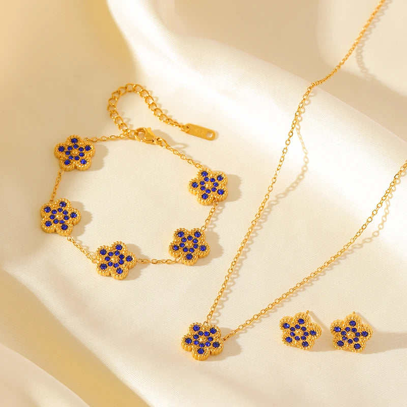 EILIECK New Fashion Stainless Steel White Zircon Clover Necklace Bracelet Earrings Set For Women Trendy Flower Jewelry Set Gift