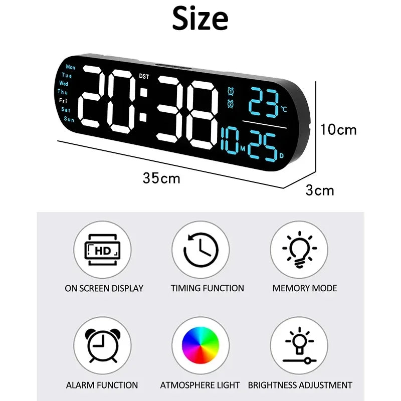 LED Digital Wall Clock With Remote Control Ambient Lights Time Date Temperature Display Alarm Clocks For Home Living Room Decor