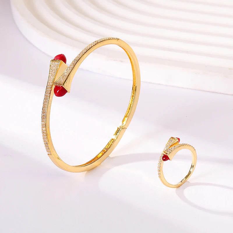 2025 New Cute Women Fashion Bracelet & Ring Set Candy color stone Simple Open Cuff Bangle Ring Arab Middle Eastern Jewelry Set