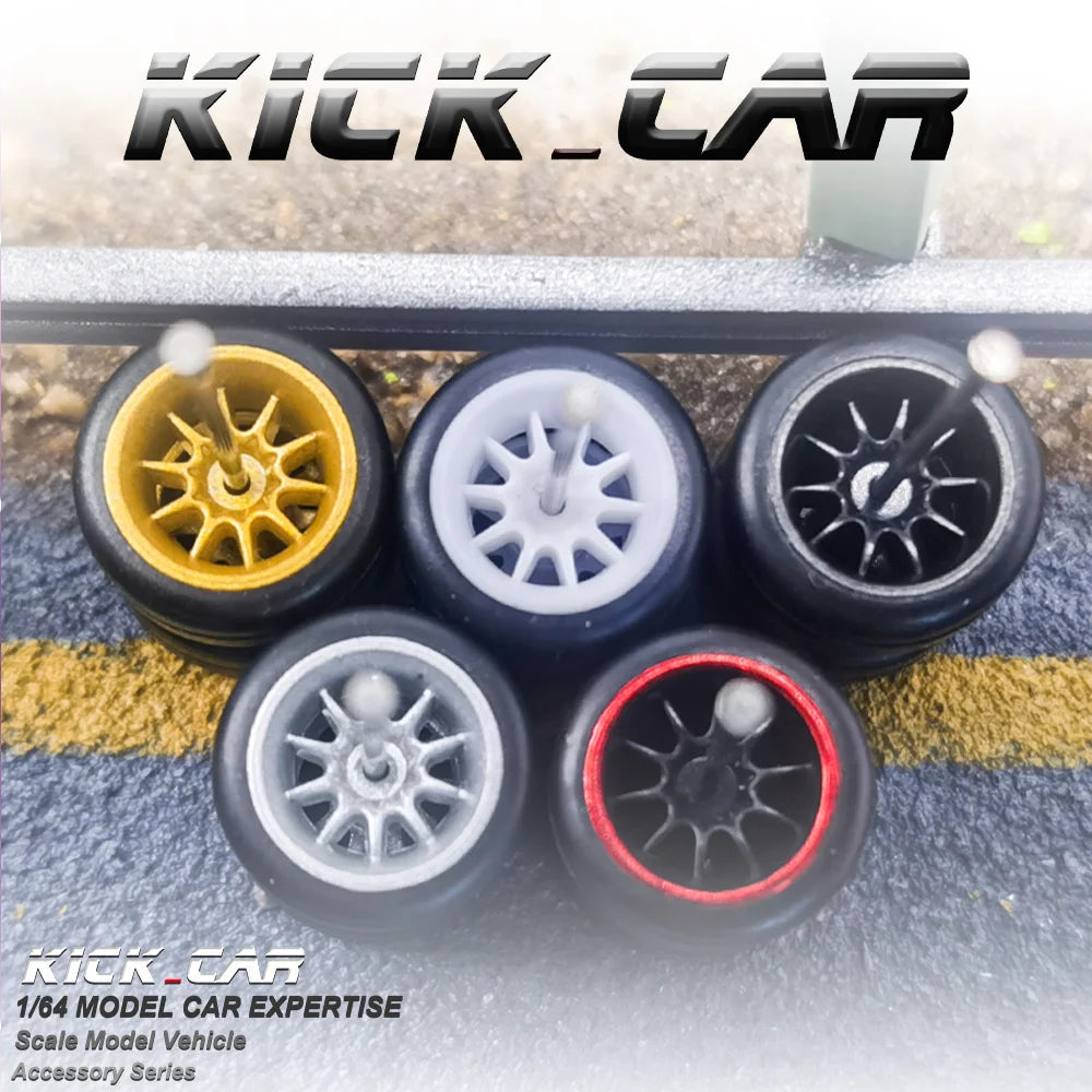 1/64 Wheels with Fixed Rubber Tires Ten Spoke for Toy Model Diecast Cars Refiting Parts for Hotwheels (5 sets for 5 Cars)