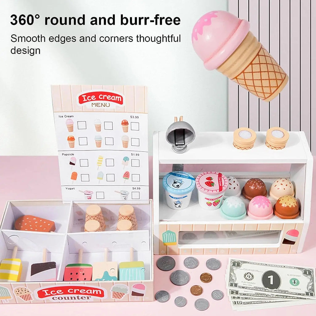 Wooden Ice Cream Toys for Toddler, Play Store Pretend Food Kitchen Accessories with Scoop & Menu & Toy Cash,Christmas Gift