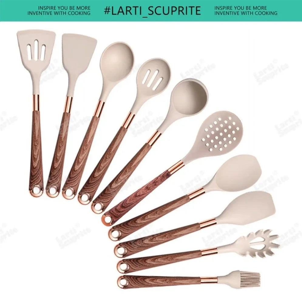 Gold Plated Handle Silicone Cooking Utensils Set Kitchen Non-stick Tool Gadgets BPA FREE Kitchenware Heat Resistant Spatula Set