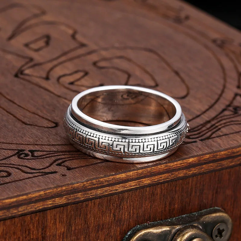 Factory Price S925 Sterling Silver Movable Great Wall Pattern Ring Men Women Real Silver Double-layer Rotatable Rings Jewelry